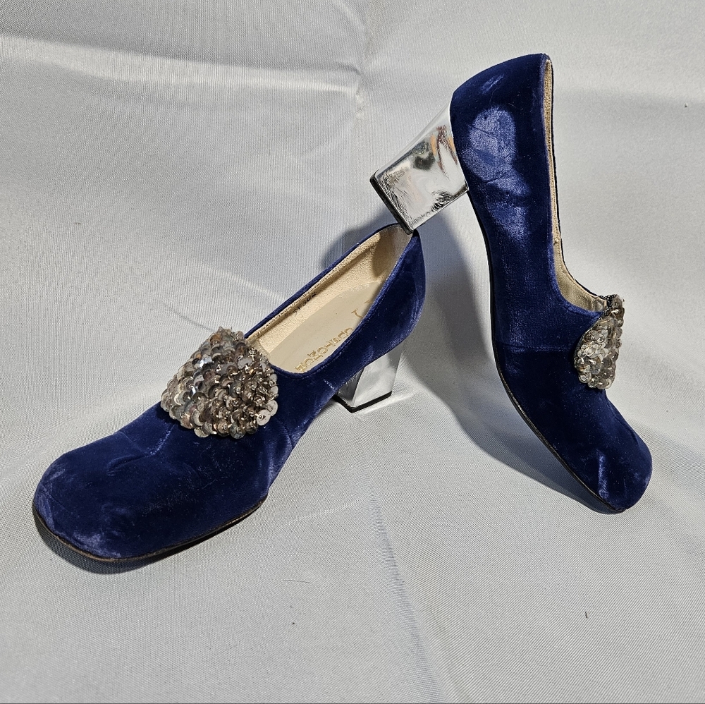 Custom Craft Vtg MCM 60s Blue Velvet Silver Square Toe Block Heel Bridal Size 7